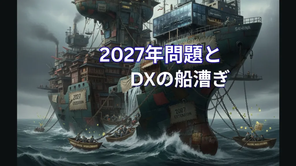 2027年問題を象徴する、つぎはぎだらけの巨大なシステム船と、その裂け目を手漕ぎボートで必死に繋ぎ合わせる人間たちの風刺画